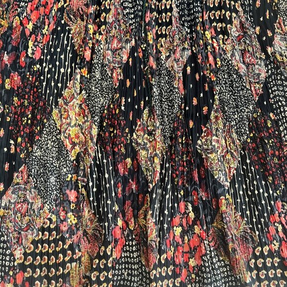 Vintage Boho Floral Patchwork Print Pleated Skirt Black Drawstring Hippie - Picture 4 of 7